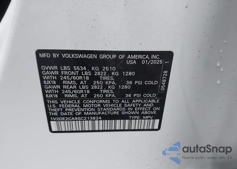 2025 Volkswagen Atlas Cross Sport 2.0T Se из США, поврежденный, VIN 1V2DE2CA9SC213824